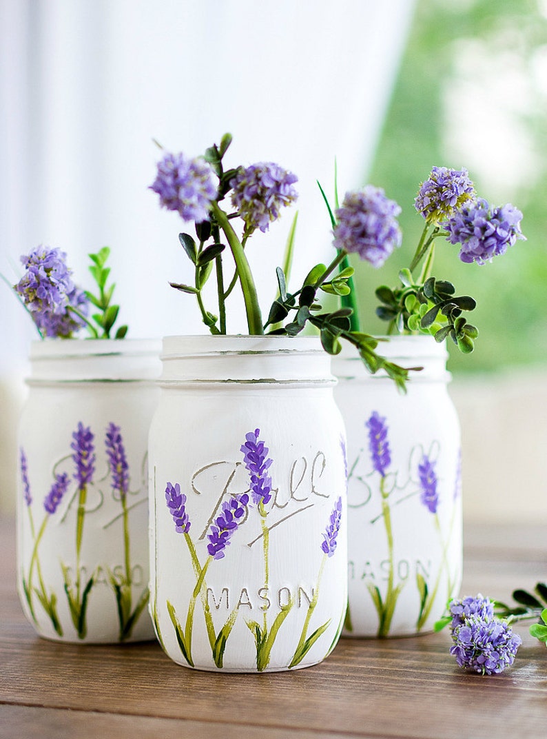 Lavender Flower Painted Mason Jars Painted Mason Jars Etsy