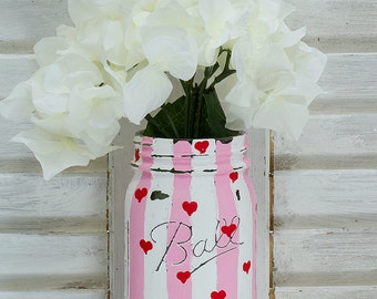 Valentine's Day Mason Jar - Pink and White Striped with Red Hearts - Painted Mason Jars - Distressed Mason Jars