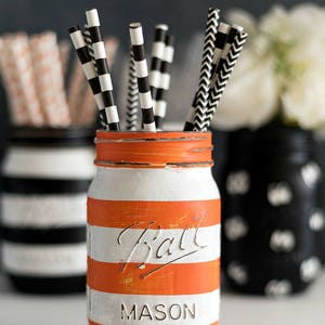 Halloween Mason Jar Set Painted Pumpkin Mason Jar Striped Mason Jar Orange, Black, White image 4