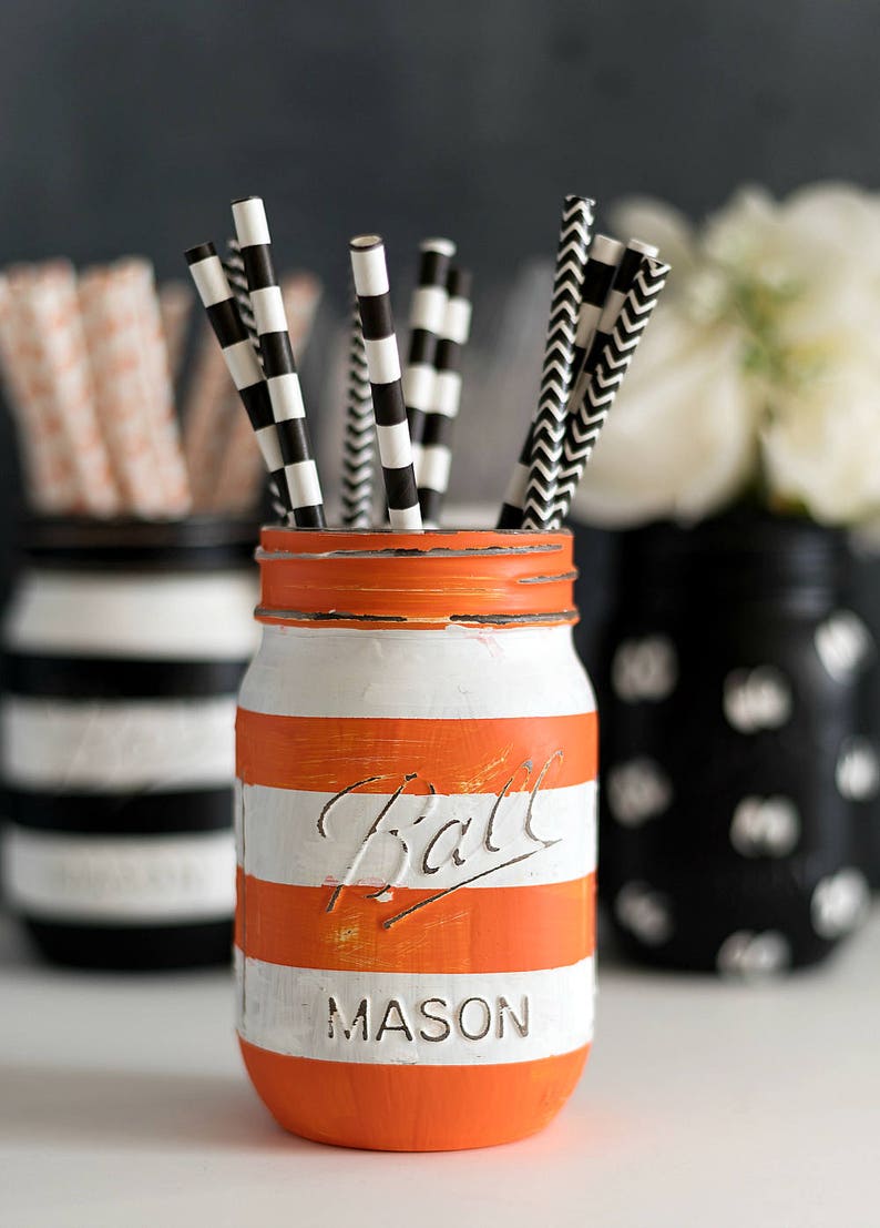 Halloween Mason Jar Set Painted Pumpkin Mason Jar Striped Mason Jar Orange, Black, White image 4