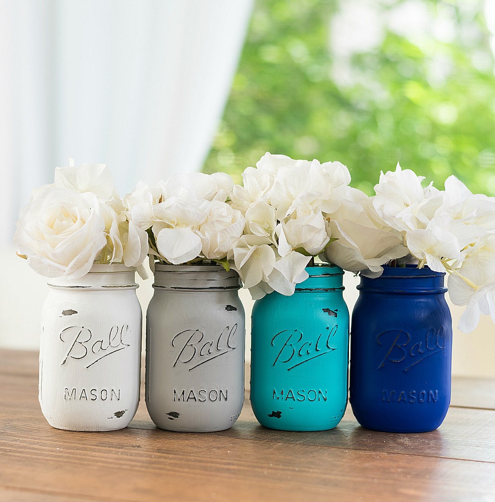 Painted Mason Jars Royal Blue Turquoise/aqua Gray White Etsy