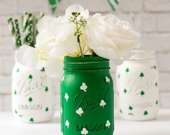 Shamrock Mason Jar - St. Patrick's Day Mason Jar - Painted Distressed Mason Jars