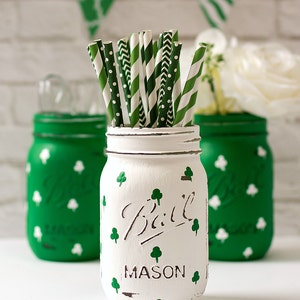 St Patricks Day Mason Jar Set Irish Flag, Shamrock Mason Jars Painted Distressed Mason Jar St Patricks Party Decor image 4