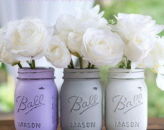 Lavender, Gray, White Painted Distressed Mason Jars - Vase, Centerpiece, Wedding, Showers, Home Decor