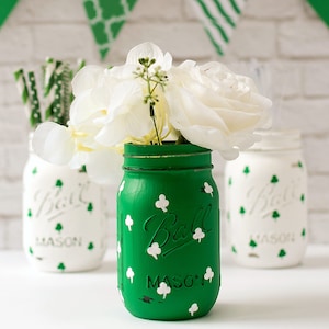 St Patrick Day Decor Kelly Green Mason Jar Shamrock Mason Jars Painted Distressed Mason Jars image 3