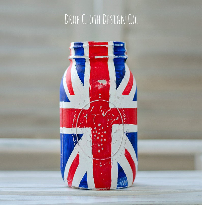 Union Jack Flag Mason Jar Red, White, Blue Painted Mason Jar Single Quart-Size Mason Jar image 4