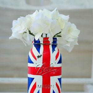 Union Jack Flag Mason Jar Red, White, Blue Painted Mason Jar Single Quart-Size Mason Jar image 1