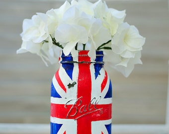 Union Jack Flag Mason Jar – Red, White, Blue Painted Mason Jar – Single Quart-Size Mason Jar