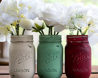 Painted Distressed Mason Jars - Burgundy, Mint, Taupe