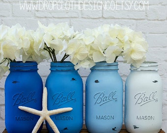 Painted and Distressed Mason Jars - Blue, Blue Ombre, Bright Blue Ombre - Centerpiece, Wedding, Showers