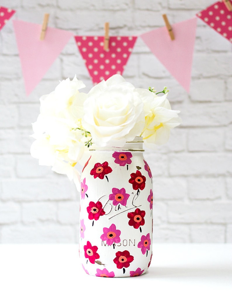 Painted Mason Jar Pink Flower Painted Mason Jar Marimekko Etsy