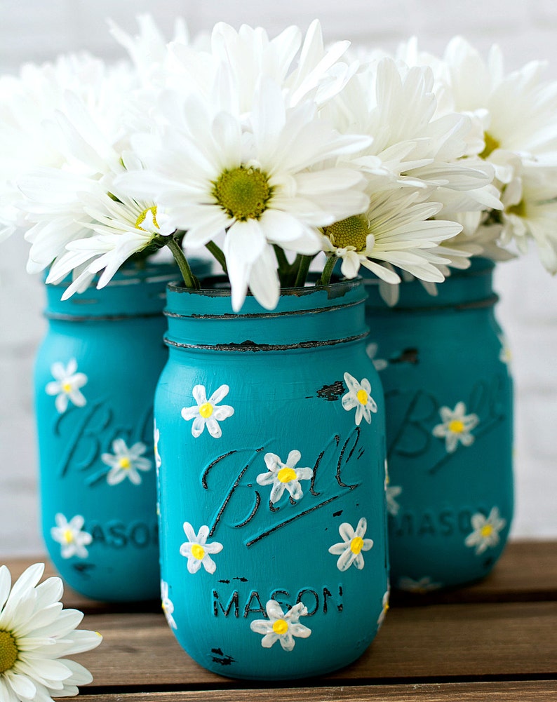 Daisy Mason Jar Set Teal Mason Jars Painted and Distressed image 2