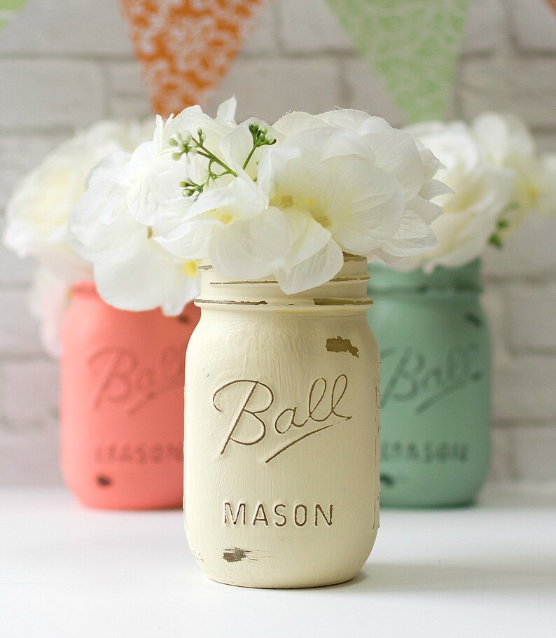 Mint Green Coral & Cream Painted Mason Jars Vases Etsy