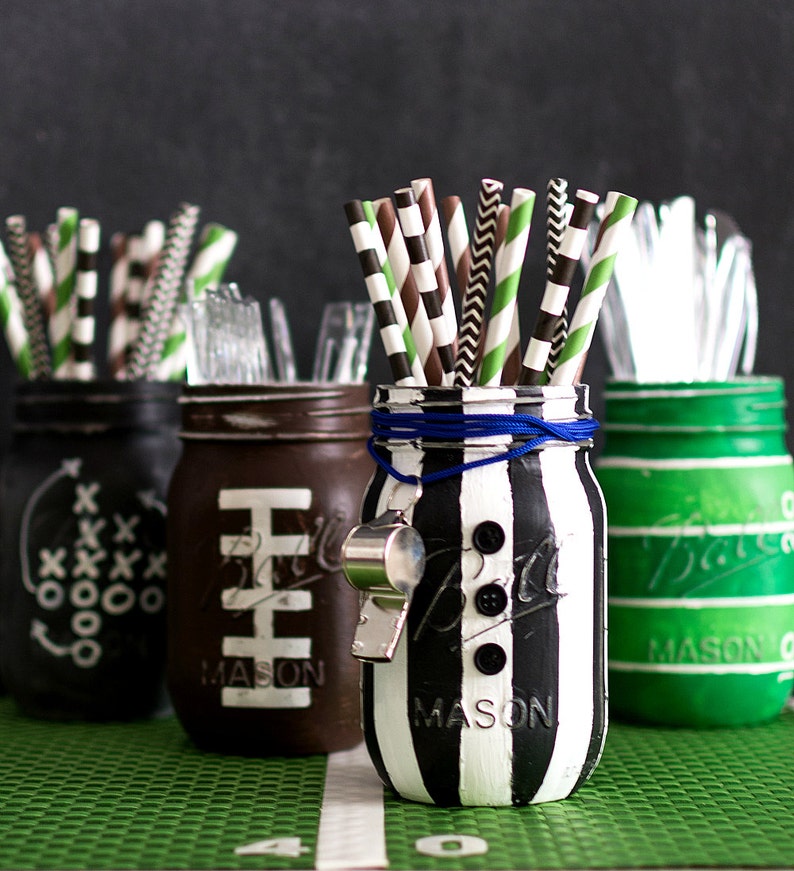 Referee Mason Jar 1 ONE MASON JAR Painted & Distressed Referee Jar Game Day Mason Jars Football Party image 1