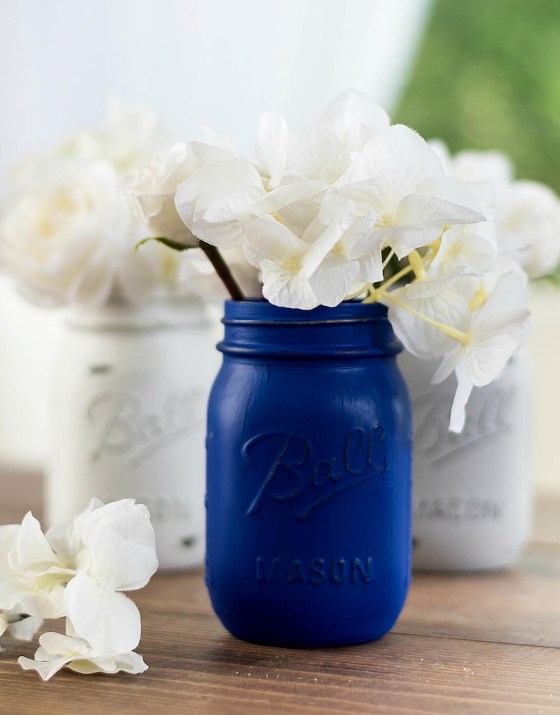 Mason Jars Painted Mason Jars in Royal Blue Yellow Gray Etsy