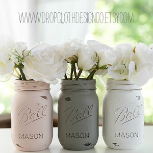 Pink, Greige, White Mason Jars Painted and Distressed Weddings, Showers, Shabby Chic image 1