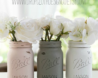 Pink, Greige, White Mason Jars - Painted and Distressed - Weddings, Showers, Shabby Chic