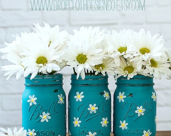 Daisy Mason Jar Set - Teal Mason Jars Painted and Distressed with Daisies