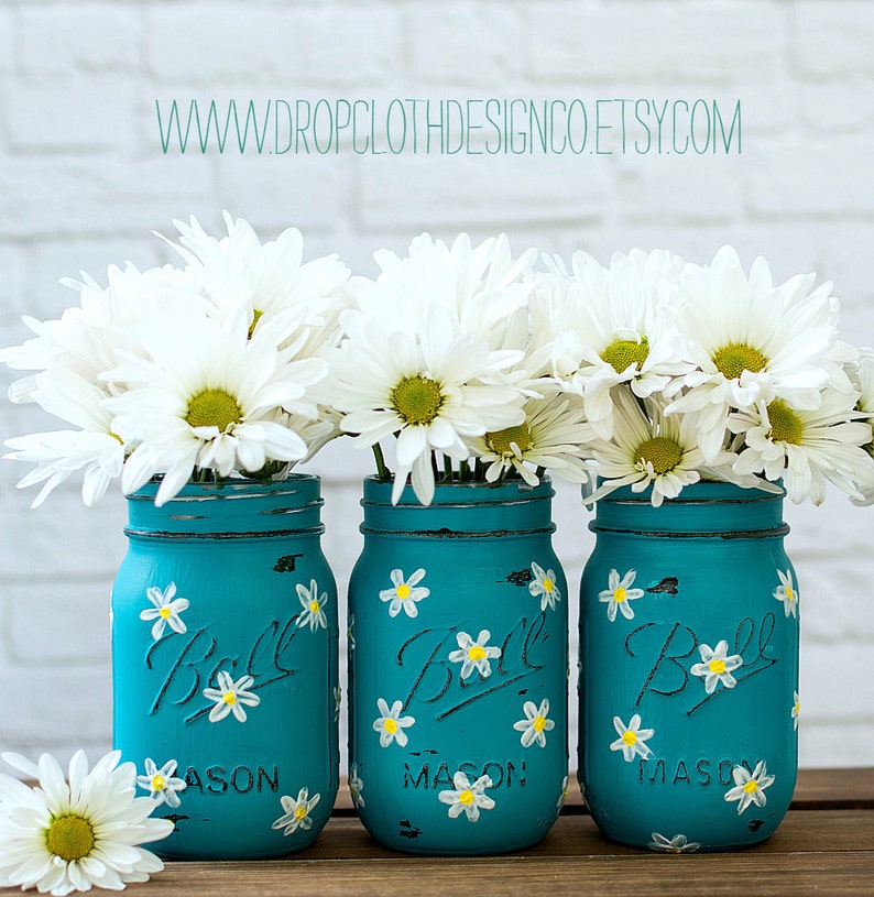 Daisy Mason Jar Set Teal Mason Jars Painted and Distressed image 0