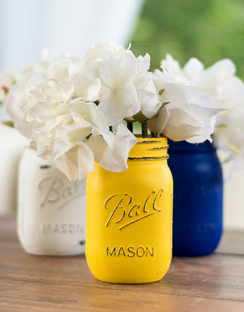 Mason Jars Painted Mason Jars in Royal Blue Yellow Gray Etsy