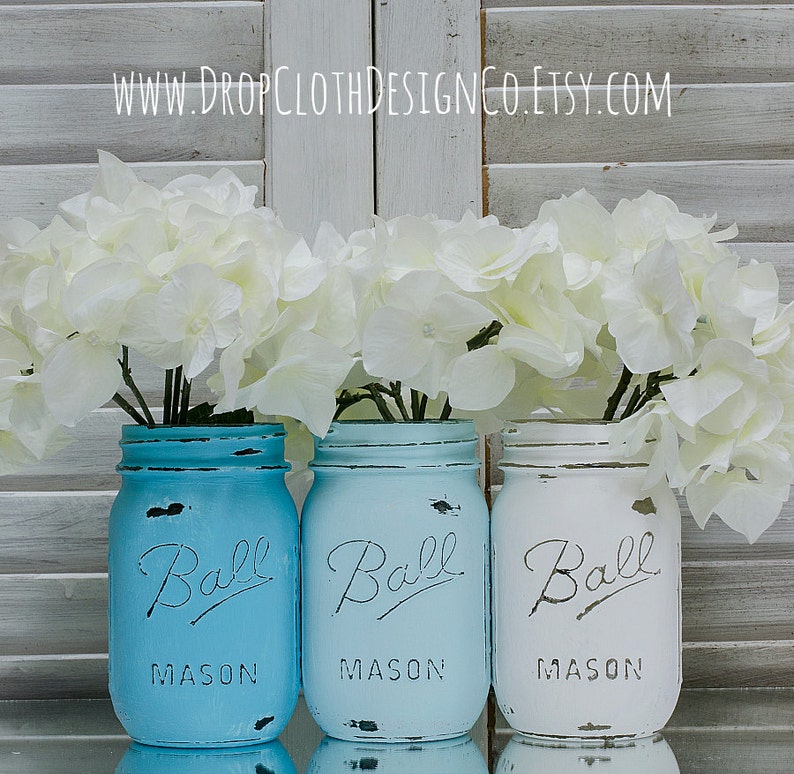 Painted Mason Jar Vases Turquoise and White Etsy