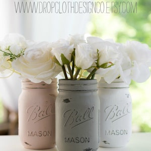 Pink, Greige, White Mason Jars Painted and Distressed Weddings, Showers, Shabby Chic image 2