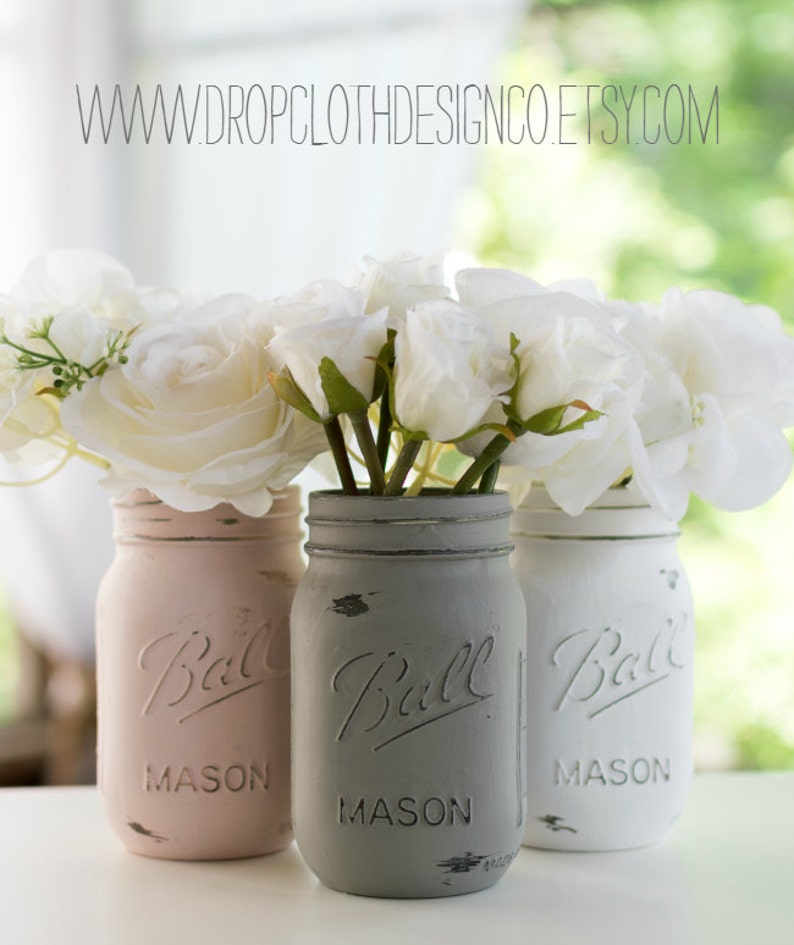 Pink, Greige, White Mason Jars Painted and Distressed Weddings, Showers, Shabby Chic image 2