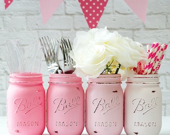 Mason Jar Painted & Distressed - Ombre Pink