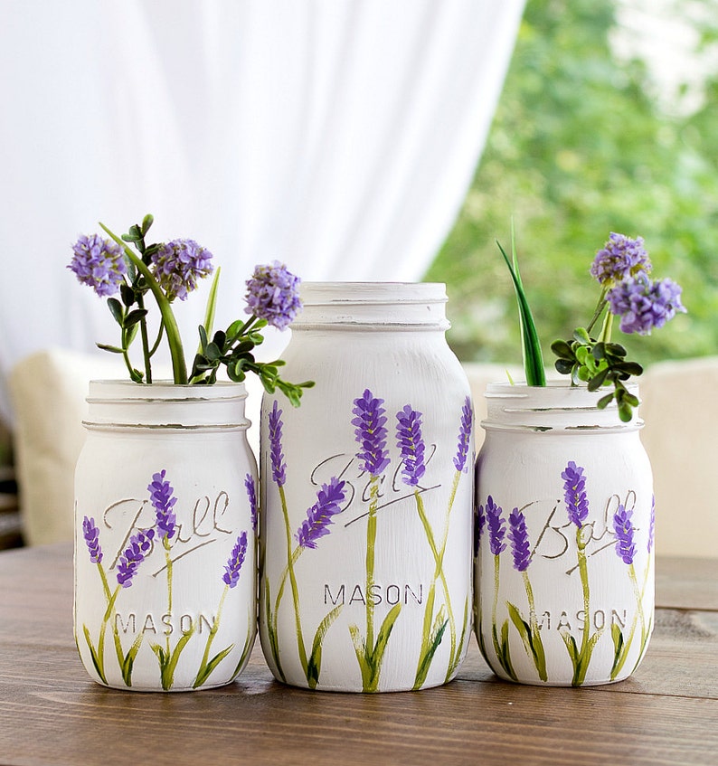 Lavender Flower Mason Jar Vases Painted and Distressed Mason Jars Lavender Mason Jars Wedding Centerpiece image 1