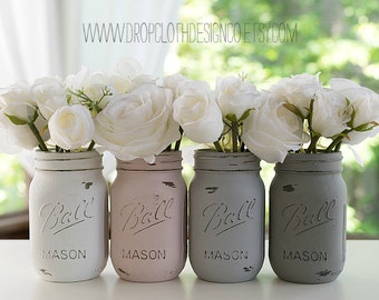 Painted Distressed Mason Jars - Pink Blush, Grey, Greige, White - Wedding Centerpiece, Bridal Showers, Home Decor