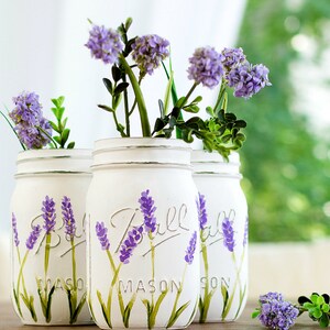 Lavender Flower Mason Jar Vases Painted and Distressed Mason Jars Lavender Mason Jars Wedding Centerpiece image 2