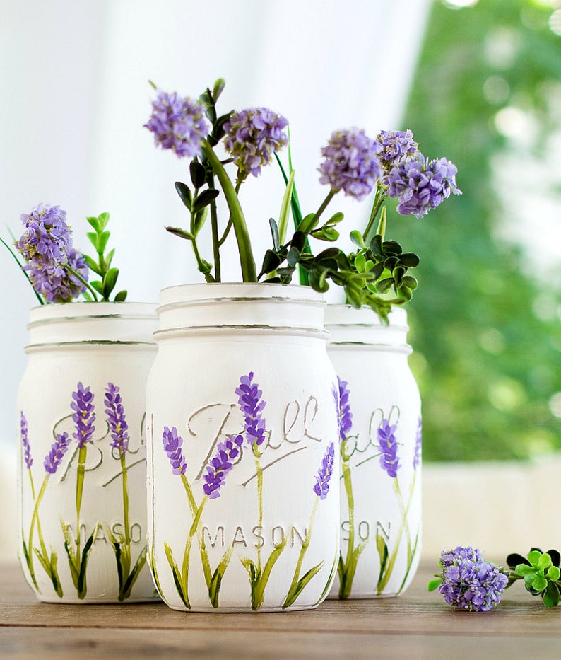 Lavender Flower Mason Jar Vases Painted and Distressed Mason Jars Lavender Mason Jars Wedding Centerpiece image 2