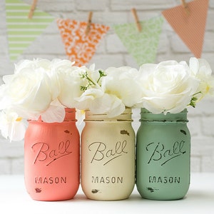 Mint Green, Coral & Cream Painted Mason Jars - Vases, Centerpieces, Decor