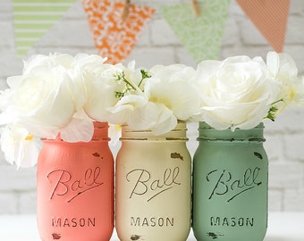 Mint Green, Coral & Cream Painted Mason Jars - Vases, Centerpieces, Decor