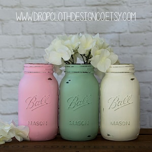 Pink, Green, Cream Painted and Distressed Mason Jars - Quart Mason Jars Painted