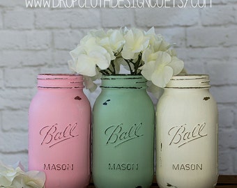 Pink, Green, Cream Painted and Distressed Mason Jars - Quart Mason Jars Painted