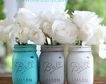 Painted Distressed Mason Jars - Aqua Blue, Gray, White - Vases, Weddings, Showers, Home Decor