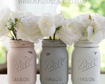 Pink, Gray, White Painted Mason Jars - Weddings, Showers, Parties, Home Decor - Set of 3