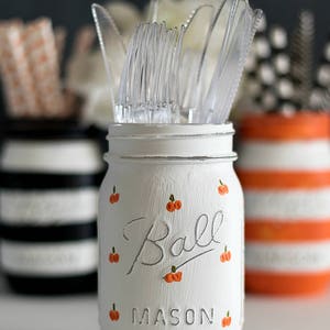 Halloween Mason Jar Set Painted Pumpkin Mason Jar Striped Mason Jar Orange, Black, White image 2