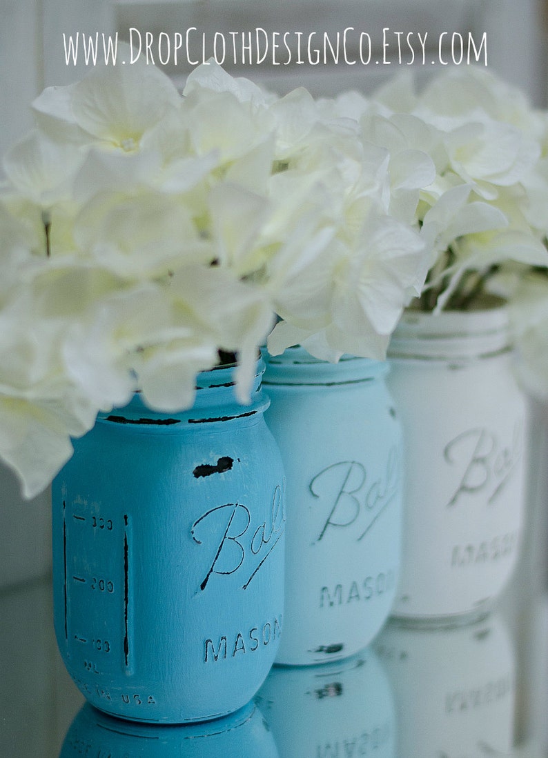 Painted Mason Jar Vases Turquoise and White Etsy