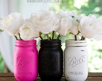 Pink, Black, White Painted and Distressed Mason Jars -- Mason Jar Vases -- Wedding Centerpiece