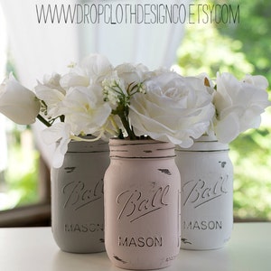 Pink, Greige, White Mason Jars Painted and Distressed Weddings, Showers, Shabby Chic image 3