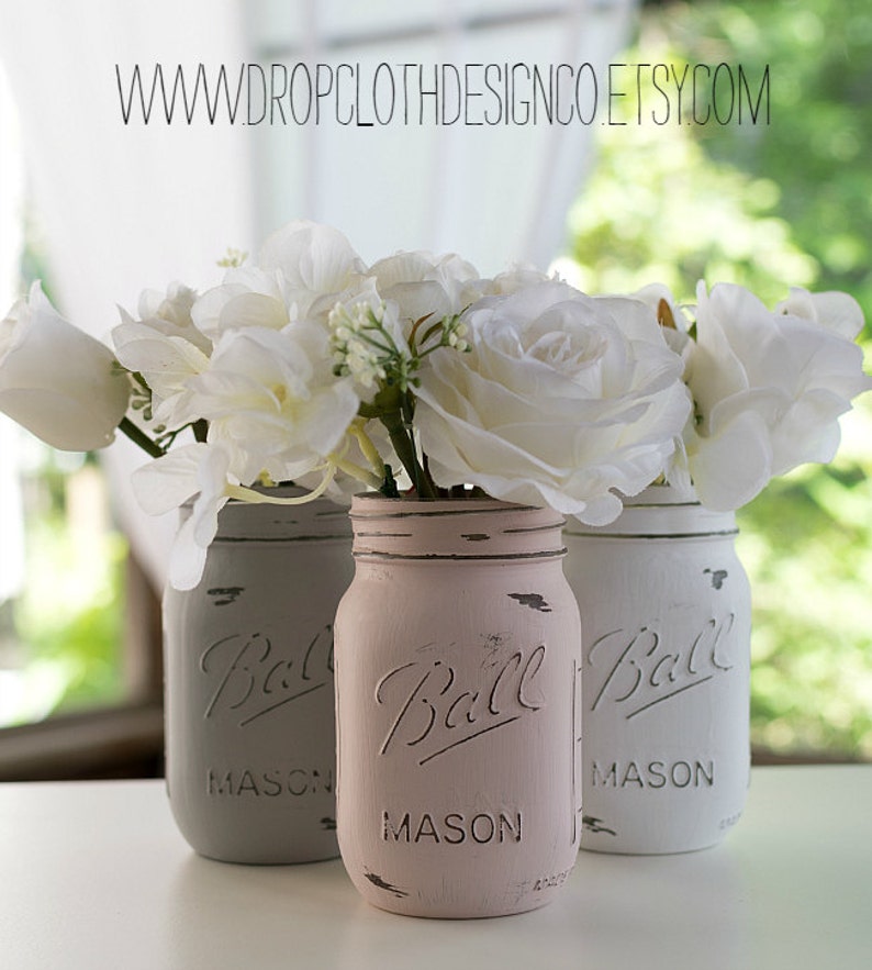 Pink, Greige, White Mason Jars Painted and Distressed Weddings, Showers, Shabby Chic image 3