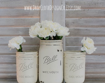 Annie Sloan Old White Chalk Painted Mason Jars - Wide Mouth