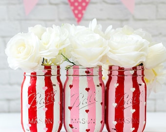 Valentine's Painted Mason Jars - Hearts Painted Mason Jars - Painted and Distressed Mason Jars