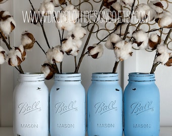 Ombre Blue Mason Jar Set - Quart Size Painted & Distressed Mason Jars