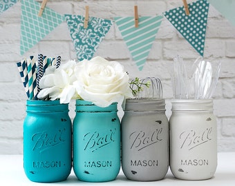 Painted Mason Jars - Teal, Aqua, Gray, White - Wedding Centerpiece, Baby Shower, Shabby Chic Vase