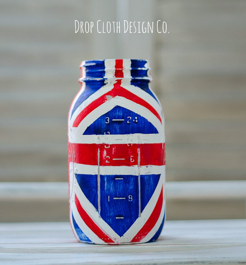 Union Jack Flag Mason Jar Red White Blue Painted Mason Jar Etsy