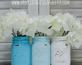 Painted Mason Jar Vases - Turquoise and White