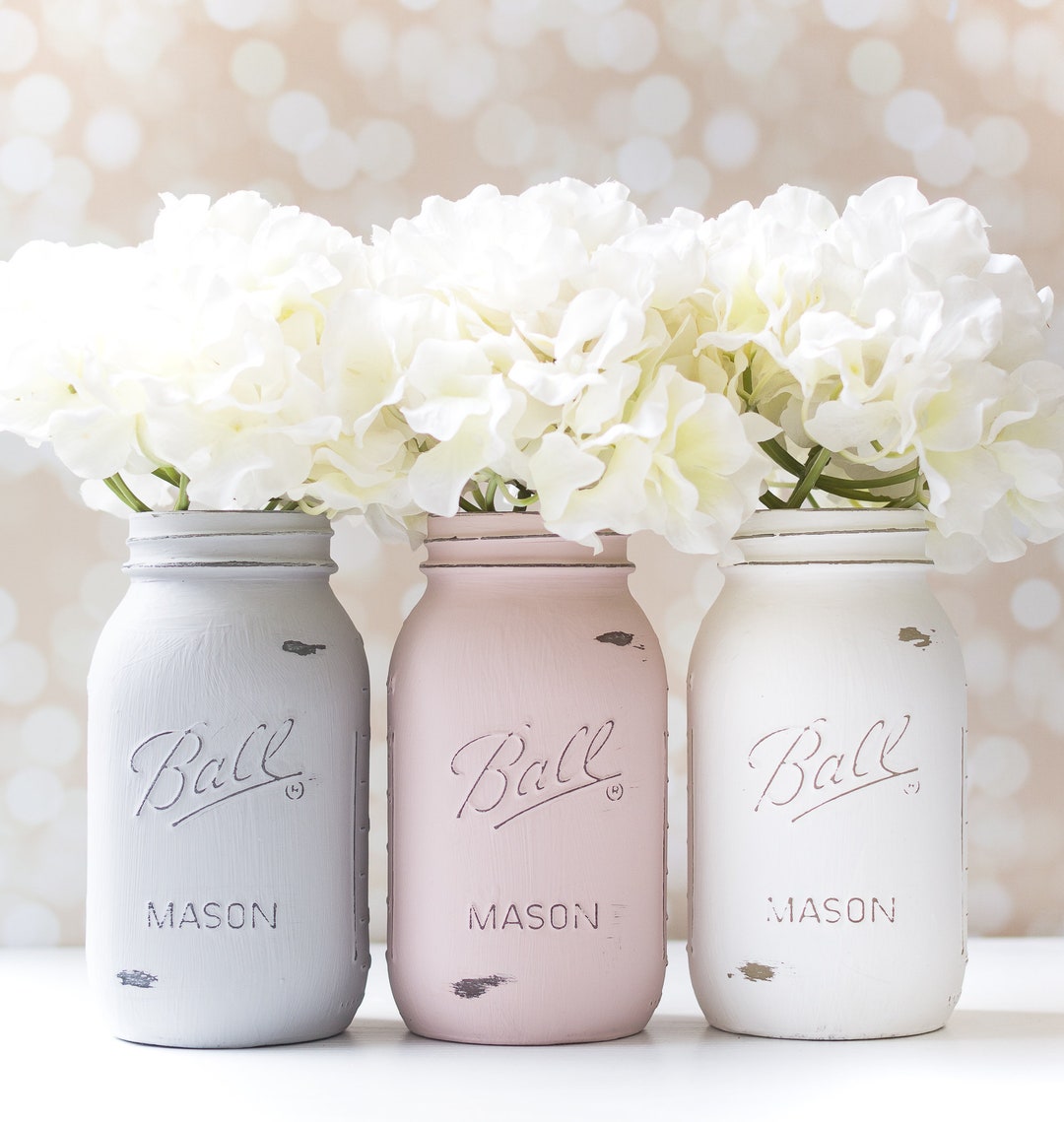 Blush Pink, Gray, White Painted Mason Jars Quart oz 32 Mason Jars ...
